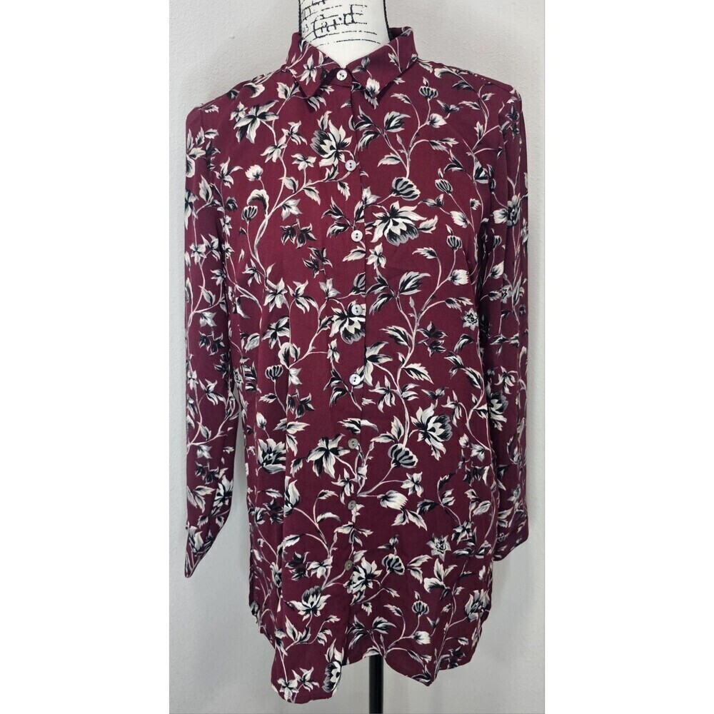 J. Jill Burgundy Floral Long Sleeve Button Up Tunic Pleated Shirt Blouse Size S - Picture 2 of 16